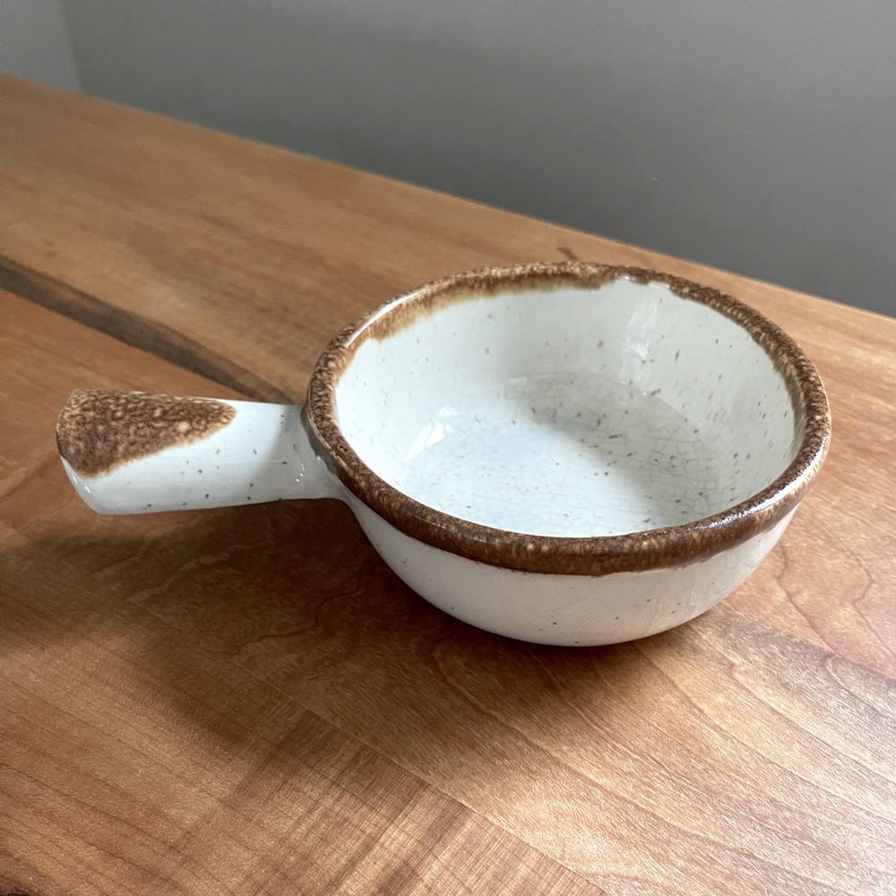 Vintage McCoy 7050 Graystone Soup Bowl Handle Matte Brown Cream Speckle Pottery